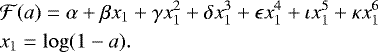 \begin{align*}&\mathcal{F}(a) = \alpha &#x002B; \beta x_1 &#x002B; \gamma x_1^2 &#x002B; \delta x_1^3 &#x002B; \epsilon x_1^4 &#x002B; \iota x_1^5 &#x002B; \kappa x_1^6 \nonumber \\ &x_1 = \log(1-a). \end{align*}