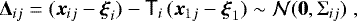 $\vec {\mathrm{\Delta}}_{ij} = (\vec x_{ij} - \vec \xi_i) - {\ensuremath{\textsf{T}}}_i \, (\vec x_{1j} - \vec \xi_1) \sim \mathcal{N}(\vec 0, {\ensuremath{{\mathrm{\Sigma}}}}_{ij}) \;, $