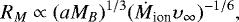 \begin{eqnarray*}R_M \propto (aM_B)^{1/3}(\dot{M}_{\textrm{ion}}\upsilon _{\infty})^{-1/6}, \end{eqnarray*}
