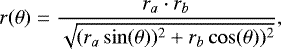 \begin{equation*} r(\theta) = \frac{r_{a}\cdot r_{b}}{\sqrt{(r_{a}\sin(\theta))^2&#x002B;r_{b}\cos(\theta))^2}},\end{equation*}