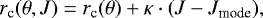 \begin{equation*}r_{\textrm{c}}(\theta,J) = r_{\textrm{c}}(\theta)&#x002B;\kappa\cdot(J- J_{\textrm{mode}}), \end{equation*}