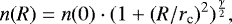 \begin{equation*} n(R)=n(0)\cdot(1&#x002B;(R/r_{\textrm{c}})^2)^{\frac{\gamma}{2}},\end{equation*}