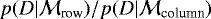 $p(D|\mathcal{M}_{\textrm{row}})/p(D|\mathcal{M}_{\textrm{column}})$