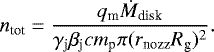 \begin{equation*} n_{\textrm{tot}} = \frac{q_{\textrm{m}} \dot{M}_{\textrm{disk}}}{\gamma_{\textrm{j}} \beta_{\textrm{j}} c m_{\textrm{p}} \pi (r_{\textrm{nozz}} R_{\textrm{g}})^2}. \end{equation*}