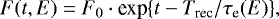 \begin{equation*}F(t,E) = F_0 \cdot \textrm{exp}\{t-T_{\textrm{rec}}/\tau_{\textrm{e}}(E)\}, \end{equation*}