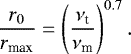 \begin{equation*} \frac{r_0}{r_{\textrm{max}}} = \left( \frac{\nu_{\textrm{t}}}{\nu_{\textrm{m}}} \right)^{0.7}.\end{equation*}