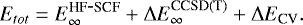 \begin{equation*}E_{tot} = E_{\infty}^{\textrm{HF}\hbox{-}\textrm{SCF}} &#x002B; \mathrm{\Delta} E_{\infty}^{\textrm{CCSD}(\textrm{T})} &#x002B; \mathrm{\Delta} E_{\textrm{CV}}. \end{equation*}