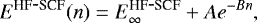 \begin{equation*}E^{\textrm{HF}\hbox{-}\textrm{SCF}}(n) = E_{\infty}^{\textrm{HF}\hbox{-}\textrm{SCF}} &#x002B; Ae^{-Bn}, \end{equation*}