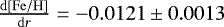 $\frac{\mathrm{d}[\mathrm{Fe}/\mathrm{H}]}{\mathrm{d}r}=-0.0121\pm 0.0013$