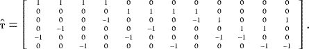\begin{equation*} \tiny {\hat{\textbf{{T}}}}= \left[ \begin{array}{cccccccccccc} 1 & 1 & 1 & 1 & 0 & 0 & 0 & 0 & 0 & 0 & 0 & 0 \\ 0 & 0 & 0 & 0 & 1 & 1 & 1 & 1 & 0 & 0 & 0 & 0 \\ 0 & 0 & 0 &{-1}& 0 & 0 & 0 &{-1} & 1 & 0 & 0 & 1 \\ 0 &{-1} & 0 & 0 & 0 &{-1} & 0 & 0 & 0 & 1 & 1 & 0 \\ {-1}& 0 & 0 & 0 &{-1} & 0 & 0 & 0 &{-1} &{-1}& 0 & 0 \\ 0 & 0 &{-1}& 0 & 0 & 0 &{-1} & 0 & 0 & 0 &{-1}&{-1}\\ \end{array} \right].\end{equation*}
