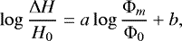 \begin{equation*} \log\frac{{\rm{\Delta}} H}{{H_0 }}=a\log \frac{{{\rm{\Phi}} _m }} {{{\rm{\Phi}}_0}}&#x002B;b,\end{equation*}
