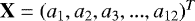 $\textrm{\textbf{X}}=(a_1,a_2,a_3,...,a_{12})^T$