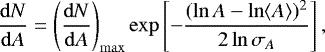 \begin{equation*} \frac{\mathrm{d}N}{\mathrm{d}A} = \left( \frac{\mathrm{d}N}{\mathrm{d}A} \right)_{\mathrm{max}} \exp \left[ - \frac{(\ln A - \ln \langle A \rangle)^2}{2 \ln \sigma_A} \right],\end{equation*}
