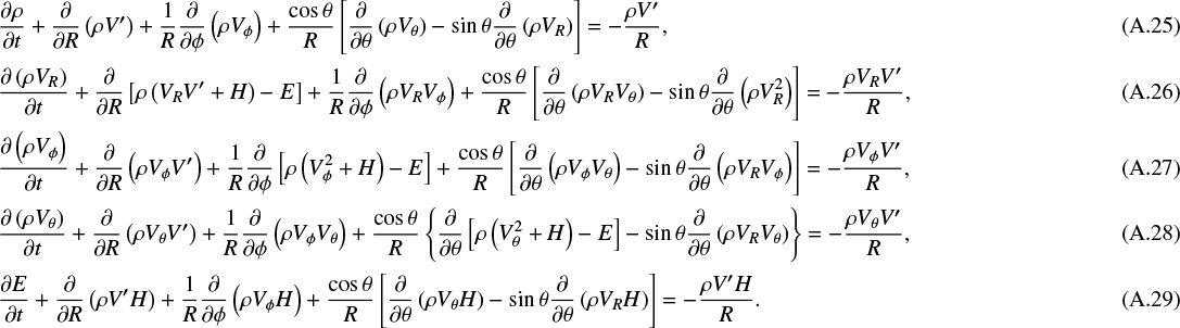 \begin{align} \frac{\partial\rho}{\partial t}&#x002B;\frac{\partial}{\partial R}\left(\rho V^{\prime}\right)&#x002B;\frac{1}{R}\frac{\partial}{\partial\phi}\left(\rho V_{\phi}\right) &#x002B;\frac{\cos\theta}{R}\left[\frac{\partial}{\partial\theta}\left(\rho V_{\theta}\right)-\sin\theta\frac{\partial}{\partial\theta}\left(\rho V_R\right)\right]= -\frac{\rho V^{\prime}}{R},\\[1pt] \frac{\partial\left(\rho V_R\right)}{\partial t}&#x002B;\frac{\partial}{\partial R}\left[\rho\left(V_RV^{\prime}&#x002B;H\right)-E\right]&#x002B; \frac{1}{R}\frac{\partial}{\partial\phi}\left(\rho V_RV_{\phi}\right) &#x002B;\frac{\cos\theta}{R}\left[\frac{\partial}{\partial\theta}\left(\rho V_RV_{\theta}\right)-\sin\theta\frac{\partial}{\partial\theta}\left(\rho V_R^2\right)\right]= -\frac{\rho V_RV^{\prime}}{R},\\[1pt] \frac{\partial\left(\rho V_{\phi}\right)}{\partial t}&#x002B;\frac{\partial}{\partial R}\left(\rho V_{\phi} V^{\prime}\right)&#x002B; \frac{1}{R}\frac{\partial}{\partial\phi}\left[\rho\left(V_{\phi}^2&#x002B;H\right)-E\right] &#x002B;\frac{\cos\theta}{R}\left[\frac{\partial}{\partial\theta}\left(\rho V_{\phi} V_{\theta}\right)-\sin\theta\frac{\partial}{\partial\theta}\left(\rho V_RV_{\phi}\right)\right]= -\frac{\rho V_{\phi} V^{\prime}}{R},\\[1pt] \frac{\partial\left(\rho V_{\theta}\right)}{\partial t}&#x002B;\frac{\partial}{\partial R}\left(\rho V_{\theta} V^{\prime}\right)&#x002B; \frac{1}{R}\frac{\partial}{\partial\phi}\left(\rho V_{\phi} V_{\theta}\right) &#x002B;\frac{\cos\theta}{R}\left\{\frac{\partial}{\partial\theta}\left[\rho\left(V_{\theta}^2&#x002B;H\right)-E\right]- \sin\theta\frac{\partial}{\partial\theta}\left(\rho V_R V_{\theta}\right)\right\} =-\frac{\rho V_{\theta} V^{\prime}}{R},\\[1pt] \frac{\partial E}{\partial t}&#x002B;\frac{\partial}{\partial R}\left(\rho V^{\prime} H\right)&#x002B;\frac{1}{R}\frac{\partial}{\partial\phi}\left(\rho V_{\phi} H\right) &#x002B;\frac{\cos\theta}{R}\left[\frac{\partial}{\partial\theta}\left(\rho V_{\theta} H\right)-\sin\theta\frac{\partial}{\partial\theta}\left(\rho V_R H\right)\right]= -\frac{\rho V^{\prime} H}{R}.\end{align}
