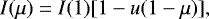 \begin{align*}I(\mu)=I(1)[1-u(1-\mu)], \end{align*}