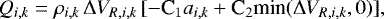 \begin{align*}Q_{i,k}=\rho_{i,k}\,{\mathrm{\Delta}} V_{R,i,k}\,[-\text{C}_1a_{i,k}&#x002B;\text{C}_2\text{min}({\mathrm{\Delta}} V_{R,i,k},0)], \end{align*}