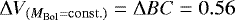 $\mathrm{\Delta} V_{(M_{\mathrm{Bol}}=\mathrm{const.})} = \mathrm{\Delta} BC = 0.56$