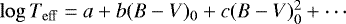 $\log{T_{\mathrm{eff}}} = a &#x002B; b(B-V)_0 &#x002B; c(B-V)_0^2 &#x002B; \cdots$