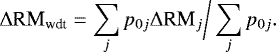 \begin{equation*} \mathrm{\Delta} \textrm{RM}_{\textrm{wdt}} = \sum_{j} p_{0j} \mathrm{\Delta} \textrm{RM}_{j} \bigg/ \sum_{j} p_{0j}.\end{equation*}