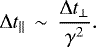 \begin{equation*} \mathrm{\Delta} t_{\mathrm \parallel} \, \sim \, \frac{ \mathrm{\Delta} t_{\mathrm \perp}}{ \gamma^2}.\end{equation*}