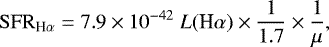 \begin{equation*} \mathrm{SFR}_{\textrm{H}\alpha} = 7.9 \times 10^{-42} \; L(\textrm{H}\alpha) \times \frac{1}{1.7} \times \frac{1}{\mu}, \end{equation*}