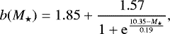 \begin{equation*} b({M}_{\star}) = 1.85 &#x002B; \frac{1.57}{1&#x002B;\mathrm{e}^{\frac{10.35-{M}_{\star}}{0.19}}},\nonumber \end{equation*}