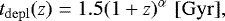 \begin{equation*} t_{\mathrm{depl}}(z) = 1.5(1&#x002B;z)^{\alpha} \, \, [\mathrm{Gyr}], \end{equation*}