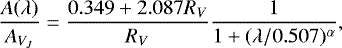 \begin{equation*} \frac{A(\lambda)}{A_{V_J}} = \frac{0.349 &#x002B; 2.087 R_V}{R_V} \frac{1}{1 &#x002B; (\lambda/0.507)^{\alpha}},\end{equation*}