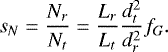\begin{equation*} s_N=\frac{N_r}{N_t}=\frac{L_r}{L_t}\frac{d^2_t}{d^2_r}f_G.\end{equation*}