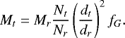 \begin{equation*} M_t=M_r \frac{N_t}{N_r} \left(\frac{d_t}{d_r} \right)^2 f_G.\end{equation*}