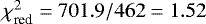 $\chi_{\textrm{red}}^2=701.9/462=1.52$