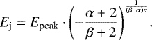 \begin{equation*} E_{\textrm{j}} = E_{\textrm{peak}} \cdot \Biggl(- \frac{\alpha &#x002B; 2}{\beta &#x002B; 2}\Biggr) ^{\frac{1}{(\beta - \alpha)n}}. \end{equation*}
