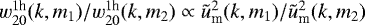 $w_{20}^{ 1\textrm{h}}(k,m_1)/w_{20}^{1\textrm{h}}(k,m_2)\propto\tilde{u}_{\textrm{m}}^2(k,m_1)/\tilde{u}_{\textrm{m}}^2(k,m_2)$