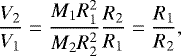 \begin{equation*}\frac{V_2}{V_1} = {\frac{M_1R_1^2}{M_2R_2^2}}{\frac{R_2}{R_1}} = \frac{R_1}{R_2} ,\end{equation*}