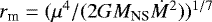 $r_{\textrm{m}}=(\mu^4/(2GM_{\textrm{NS}} \dot{M}^2))^{1/7}$