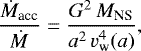 \begin{eqnarray*} \frac{\dot{M}_{\textrm{acc}}}{\dot{M}}=\frac{G^2\,M_{\textrm{NS}}}{a^2\,v_{\textrm{w}}^4(a)} ,\end{eqnarray*}