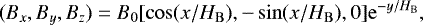 \begin{equation*} (B_x, B_y, B_z) = B_0[\cos(x/H_{\mathrm{B}}),-\sin(x/H_{\mathrm{B}}),0]\mathrm{e}^{-y/H_{\mathrm{B}}}, \end{equation*}