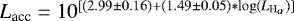 $L_{\textrm{acc}} = 10^{[(2.99\pm0.16) &#x002B; (1.49\pm0.05)*\log (L_{\textrm{H}_{\mathrm{\alpha}}})]}$