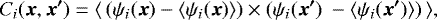 \begin{equation*}C_i(\vec{x},\vec{x&#x0027;})=\langle \,(\psi_i(\vec{x})-\langle \psi_i(\vec{x})\rangle)\times (\psi_i(\vec{x&#x0027;})\ -\langle \psi_i(\vec{x&#x0027;})\rangle )\, \rangle, \end{equation*}