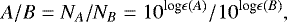 \begin{equation*} A/B=N_{A}/N_{B}=10^{\textrm{log}\epsilon(A)}/10^{\textrm{log}\epsilon(B)} ,\end{equation*}