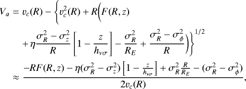 \begin{eqnarray*} V_a &=& v_c(R) - \Bigg\{ v_c^2(R) &#x002B; R \bigg( F(R,z) \phantom{\bigg(}\\ && \phantom{\bigg(} &#x002B;\,\eta \frac{\sigma_R^2 - \sigma_z^2}{R}\left[ 1 - \frac{z}{h_{\nu \sigma}}\right] - \frac{\sigma_R^2}{R_E} &#x002B; \frac{\sigma_R^2 -\sigma_{\phi}^2}{R} \bigg) \Bigg\}^{1/2} \nonumber\\ &\approx & \frac{-R F(R,z) - \eta (\sigma_R^2 - \sigma_z^2)\left[ 1 - \frac{z}{h_{\nu \sigma}}\right] &#x002B; \sigma_R^2\frac{R}{R_E} - (\sigma_R^2 -\sigma_{\phi}^2)}{2v_c(R)}, \end{eqnarray*}