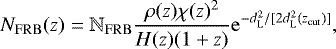 \begin{equation*}N_{\mathrm{FRB}}(z)=\mathbb{N}_{\mathrm{FRB}}\frac{\rho(z)\chi(z)^{2}}{H(z)(1&#x002B;z)}\mathrm{e}^{-d_{\mathrm{L}}^{2}/[2d_{\mathrm{L}}^{2}(z_{\mathrm{cut}})]}, \end{equation*}