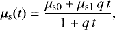 \begin{equation*} \mu_{\mathrm{s}}(t)=\frac{\mu_{\mathrm{s}0}&#x002B;\mu_{\mathrm{s}1}\, q\, t}{1&#x002B;q\, t},\end{equation*}