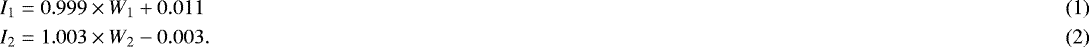 \begin{align}I_1 &= 0.999 \times W_1 &#x002B; 0.011 \\ \relaxI_2 &= 1.003 \times W_2 - 0.003. \end{align}