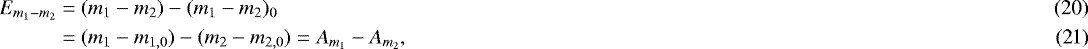 \begin{align}E_{m_1 - m_2} &= (m_1 - m_2) - (m_1 - m_2)_0 \\&= (m_1 - m_{1,0}) - (m_2 - m_{2,0}) = A_{m_1} - A_{m_2} ,\end{align}