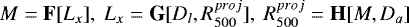 $ M = \textbf{F}[L_x], ~ L_x= \textbf{G}[D_l, R_{500}^{proj}], ~ R_{500}^{proj} = \textbf{H}[M,D_a]$