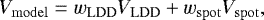 \begin{equation*} V_{\mathrm{model}} = w_{\mathrm{LDD}} V_{\mathrm{LDD}} &#x002B; w_{\mathrm{spot}} V_{\mathrm{spot}}, \end{equation*}