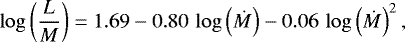 \begin{equation*}\log\left(\frac{L}{M}\right) = 1.69 - 0.80\, \log\left(\dot{M}\right) - 0.06\, \log\left(\dot{M}\right)^2, \end{equation*}