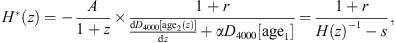 $$ {H}^{\mathrm{*}}(z)=-\frac{A}{1+z}\times \frac{1+r}{\frac{\mathrm{d}{D}_{4000}\left[{\mathrm{age}}_2(z)\right]}{\mathrm{d}z}+\alpha {D}_{4000}\left[{\mathrm{age}}_1\right]}=\frac{1+r}{H(z{)}^{-1}-s}, $$
