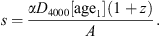 $$ s=\frac{\alpha {D}_{4000}\left[{\mathrm{age}}_1\right]\left(1+z\right)}{A}. $$
